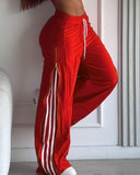 Striped Side Zipper Design Drawstring Wide Leg Casual Pants