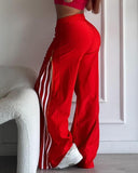 Striped Side Zipper Design Drawstring Wide Leg Casual Pants