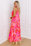 Rose Abstract Printed High Neck Knotted Nape Sleeveless Maxi Dress