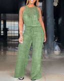 Halterneck Hollow out Lace Patchwork Drawstring Waist Wide Leg Jumpsuits