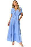 Sky Blue Textured V Neck Flutter Sleeve Ruffled Maxi Dress