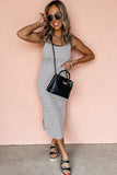 White Stripe Criss Cross Side Slits Slim Fit Sleeveless Midi Dress