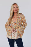 Yellow Printed Floral Bell Sleeve V Neck Wrapped Contrast Peplum Blouse