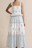 White Floral Print Smocked Ruffled Sleeveless Maxi Dress