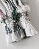 2 Pieces Outfit Floral Print Elastic Off Shoulder Hem Ruffle cuffs Shirred Top and Casual Elastic Waist Pleated Skirt Set With Lining(Without Belt)