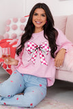 Pink Checkerboard Bow Graphic Round Neck Valentines Sweatshirt