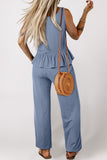 Beau Blue Solid Color Ribbed Ruffle Tank Top and Pants Set