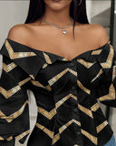 Bronzing Chevron Print Off Shoulder Top