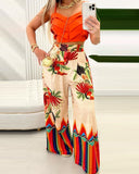 Rainbow Striped Tropical Bird Print Wide Leg Pants