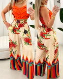 Rainbow Striped Tropical Bird Print Wide Leg Pants