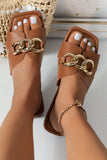 Chestnut Metal Chain Decor Square Toe Faux Leather Slippers