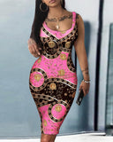 Denim Look Print Sleeveless U Neck Bodycon Dress