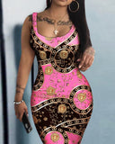 Denim Look Print Sleeveless U Neck Bodycon Dress