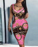 Denim Look Print Sleeveless U Neck Bodycon Dress
