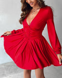 Plunge Neck Ruched A Line Flowy Dress Long Sleeve Casual Dress