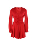 Plunge Neck Ruched A Line Flowy Dress Long Sleeve Casual Dress