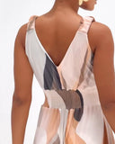 Colorblock V Neck Ruched Strap Sleeveless Jumpsuit Casual Waist Shirred Wide Leg Romper