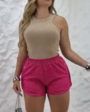 Side Metal Button Slit Active Shorts Casual Strechy Waist Sports Shorts
