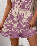 Floral Print Bandeau Shirred Rompers Casual Button Decor Tied Waist Short Jumpsuit