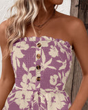 Floral Print Bandeau Shirred Rompers Casual Button Decor Tied Waist Short Jumpsuit