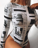 Newspaper Print Long Sleeve Bodysuit