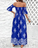 Graphic Print Off Shoulder Shirred Maxi Dress Bell Sleeve Split Flowy Dress