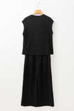 Color black Textured Knit Cap Sleeve T Shirt and Wide Leg Pants Set