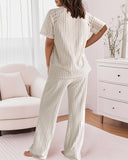 2 Pieces Outfit Lace Trim Round Neck Knit Top and Casual Drawstring Pants Set with Pockets
