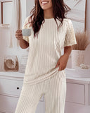 2 Pieces Outfit Lace Trim Round Neck Knit Top and Casual Drawstring Pants Set with Pockets
