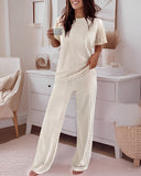 2 Pieces Outfit Lace Trim Round Neck Knit Top and Casual Drawstring Pants Set with Pockets