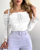 Off Shoulder Guipure Lace Frill Hem Drawstring Top