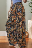 Multicolour Floral Shirred High Waist Wide Leg Pants with Tie