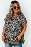 Khaki Leopard Contrast Trim Short Sleeve Loose Plus Size Top