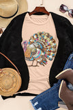 Khaki Heat Transfer Printing Thanksgiving Turkey Print Round Neck T Shirt