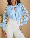 Floral Pattern Tie Neck Sheer Mesh Patch Hollow Out Blouse Top