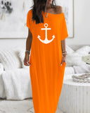Anchor Print Cold Shoulder Short Sleeve Dress Casual Pocket Design Loose Fit Maxi Dress