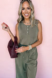 Vineyard Green Buttoned Drawstring Waist Sleeveless Wide Leg Jumpsuit