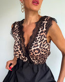 Contrast Lace Leopard Print V Neck Sleeveless Top Casual Backless Tank