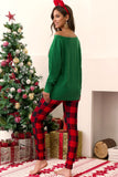 Dark Green Merry Christmas Plaid Print One Shoulder Lounge Set