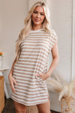 Khaki Stripe Round Neck Sleeveless Casual Pocketed Mini Dress