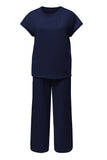 Navy Blue Solid Color Textured Short Sleeve Top and Casual Pants Set