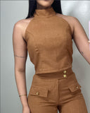 Mock Neck Sleeveless Petite Top with Casual Metal Button Decor Bootcut Pants Set