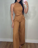 Mock Neck Sleeveless Petite Top with Casual Metal Button Decor Bootcut Pants Set