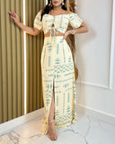 Geometric Print Off the Shoulder Short Sleeve Tied Detail Top and Casual High Slit Long Skirt Set