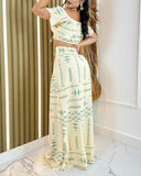 Geometric Print Off the Shoulder Short Sleeve Tied Detail Top and Casual High Slit Long Skirt Set