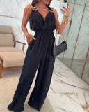 Plunge V Neck Metal Button Decor Thick Strap Jumpsuit Casual Waist Shirred Wide Leg Romper