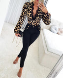 Leopard Print Contrast Lace Slim Fit Top Long Sleeve Plunge Blouse