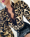 Leopard Print Contrast Lace Slim Fit Top Long Sleeve Plunge Blouse