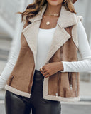 Pu Notched Collar Sleeveless Jacket Front Pocket Chain Fall and Winter Coat