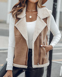 Pu Notched Collar Sleeveless Jacket Front Pocket Chain Fall and Winter Coat